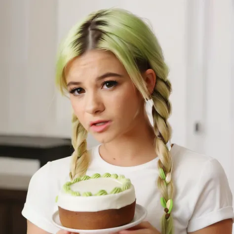 arafed woman with a white shirt and green hair clips holding a white cake, brown hair in two buns, selena gomez getting pie smeared in face and hair, she has two ponytails, photo shoot, pigtails hairstyle, two pigtails hairstyle, photoshoot, pigtails, maki...