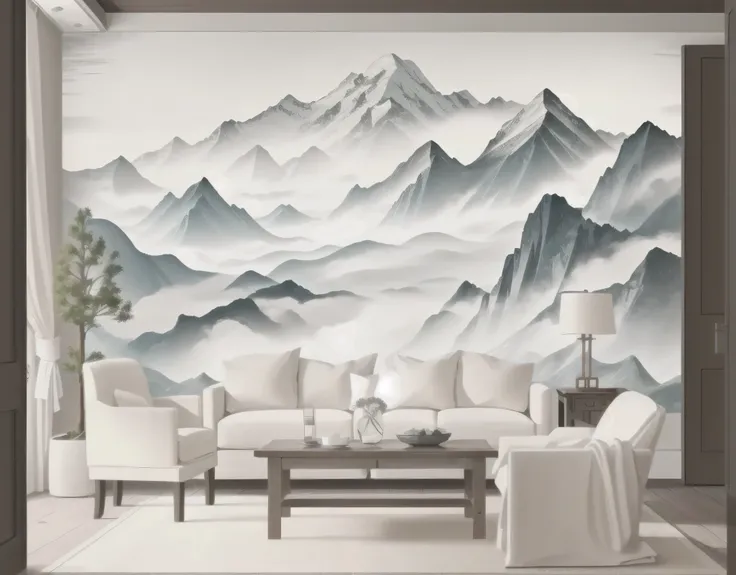 a view of a living room with a mountain scene on the wall, detailed scenery —width 672, living room wall background, living room background, mountainous background, chinese painting style, 8k high quality detailed art, wall mural, 8k --height 768, octa 8k,...