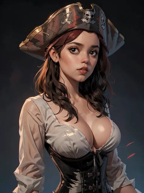 one girl, solo, (bust, upper body, front view:1.2), black eyes, jenna ortega, captain jack sparrow, pirate, pirate hat, pirate o...