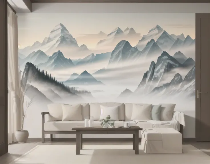 a view of a living room with a mountain scene on the wall, detailed scenery —width 672, living room wall background, living room background, mountainous background, chinese painting style, 8k high quality detailed art, wall mural, 8k --height 768, octa 8k,...