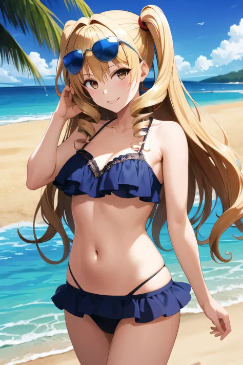 masterpiece, highest quality, High resolution, 1 girl, alone, long hair, blonde hair, double good, drill hair, brown eyes, bikini, frills, beach, smile, sunglasses, Are standing,