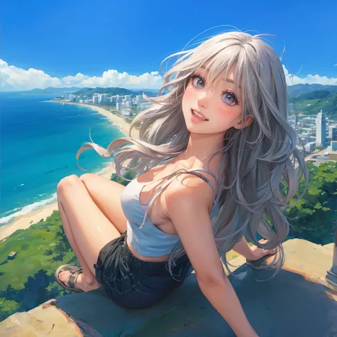 shot from above, attractive woman, cute, happy, aerial view of a woman sitting at the edge of a cliff, tank top, shorts, visible beach down below, sea, sky, city skyline