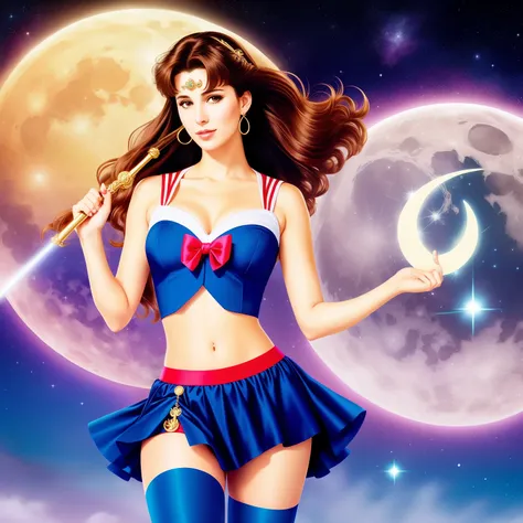 "(Mature and realistic depiction:1.2) Sailor Moon confidently wielding the Moon wand, her flowing brunette hair, dressed in trendy 2000s fashion."