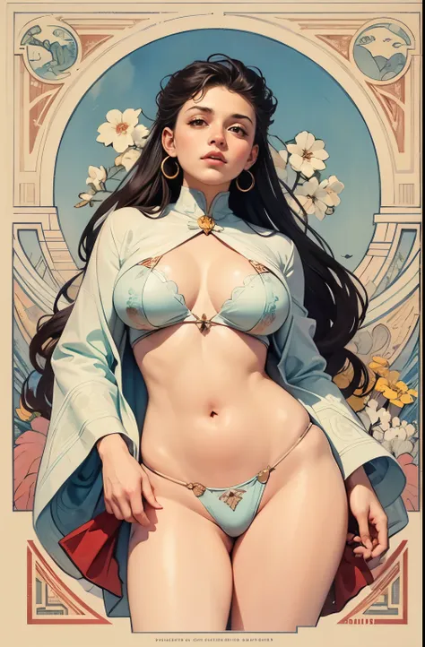 ((masterpiece)), (best quality), (ish),  art nouveau watercolor painting , moon goddess  , big breasts，robe，thong，show belly but...