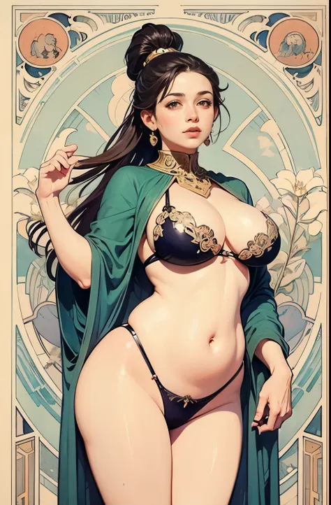 ((masterpiece)), (best quality), (ish),  art nouveau watercolor painting , moon goddess  , big breasts，robe，thong，show belly but...