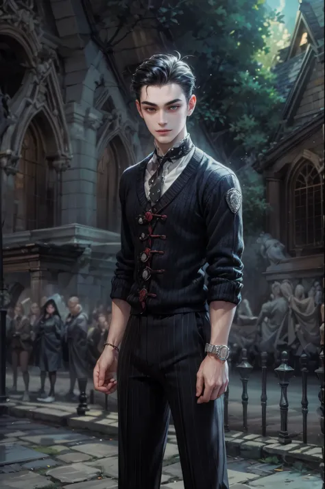 ((Best quality)), ((masterpiece)), (detailed), ((perfect face)), ((halfbody)) handsome face, male, teen boy,  perfect proportions , a male version character from the addams family, short hair, male version, creepy smile, detailed eerie background, detailed...