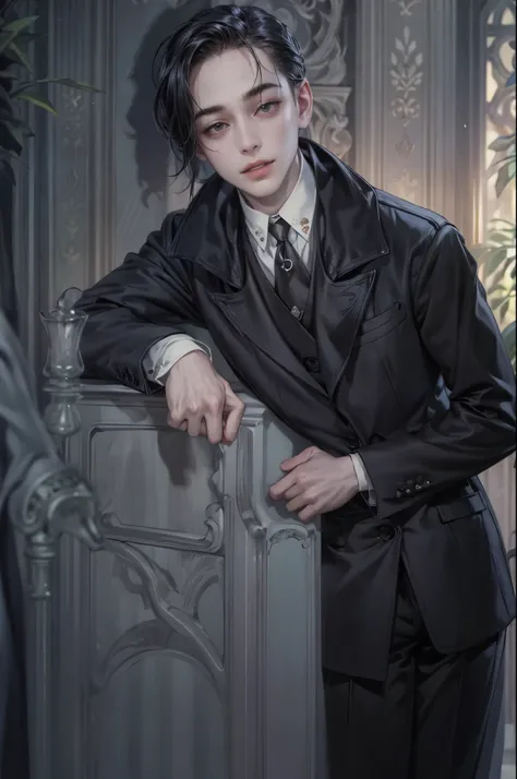 ((Best quality)), ((masterpiece)), (detailed), ((perfect face)), ((halfbody)) handsome face, male, teen boy,  perfect proportions , a male version character from the addams family, short hair, male version, creepy smile, detailed eerie background, detailed...