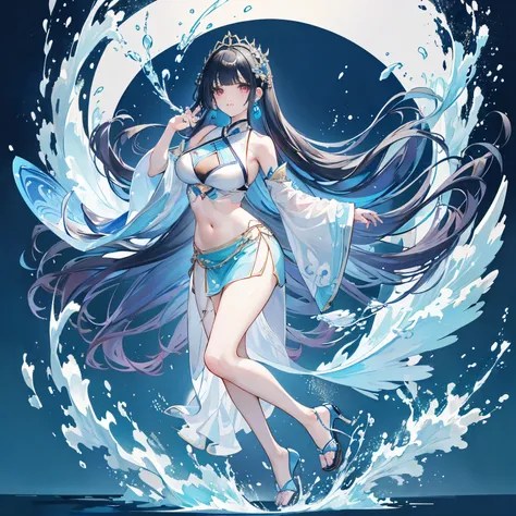 Hanfu(swimming suit），full body portrait，light wing earrings，long black hair，Blue hair ends are dyed，Center parted bangs，High heel，There are gorgeous wave patterns on the clothes，Gorgeous water splash skirt，Intricate costume details，Complex ornaments，Navel ...