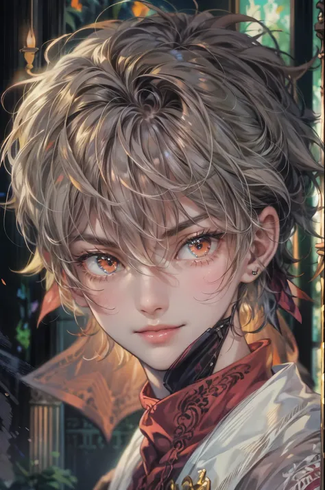 ((Best quality)), ((masterpiece)), (detailed), ((perfect face)), ((halfbody)) handsome face, male, teen boy,  perfect proportions , a male version character from fushigi yugi, short hair, male version, creepy smile, detailed eerie background, detailed eeri...