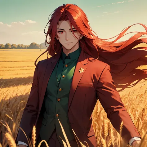 A handsome boy, long flowing hair, in wheat field, a flower in his red hair, gentle smile, red eyes, portrait, enchanting, smiling, dark green suit