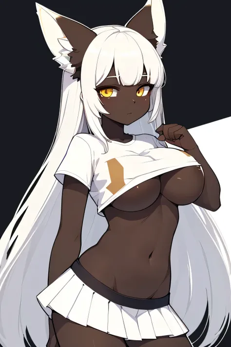 masterpiece,best quality,highres,illustration,(flat color:1.2,outline:1.2),1girl,solo,(black skin:0.8,dark skin:0.8),white hair,yellow eyes,fox ears,white crop tshirt,mini skirt,long hair,parted bangs, (boobies under crop thsirt:1.1), covered boobies
