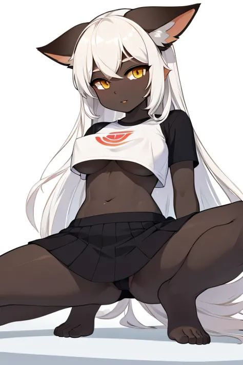 masterpiece,best quality,highres,illustration,(flat color:1.2,outline:1.2),1girl,solo,(black skin:1.2,dark skin:1.2),white hair,yellow eyes,fox ears,white crop tshirt,mini skirt,long hair,parted bangs, (boobies under crop thsirt:1.1), covered boobies , ass...