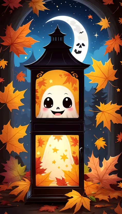 CuteCartoonAF, Cute Cartoon, masterpiece in maximum 16K resolution, superb quality, (a big sticker) on the modern fridge, designed as a cheerful ghost character holding a glowing lantern, floating amidst (colorful) autumn leaves, a friendly smile and playf...