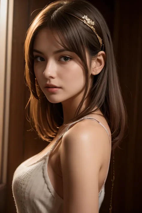 ((best quality)), ((masterpiece)), (detailed), perfect face, full body, (best quality, highres, ultra-detailed, realistic:1.37), grey-haired girl looking back over her shoulder, rolling her eyes, medium ass, wearing a hair ribbon. The girls hair is texture...