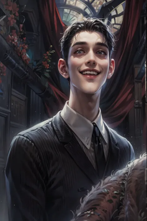 ((Best quality)), ((masterpiece)), (detailed), ((perfect face)), ((halfbody)) handsome face, male, teen boy,  perfect proportions , a male version character from the addams family, short hair, male version, creepy smile, detailed eerie background, detailed...