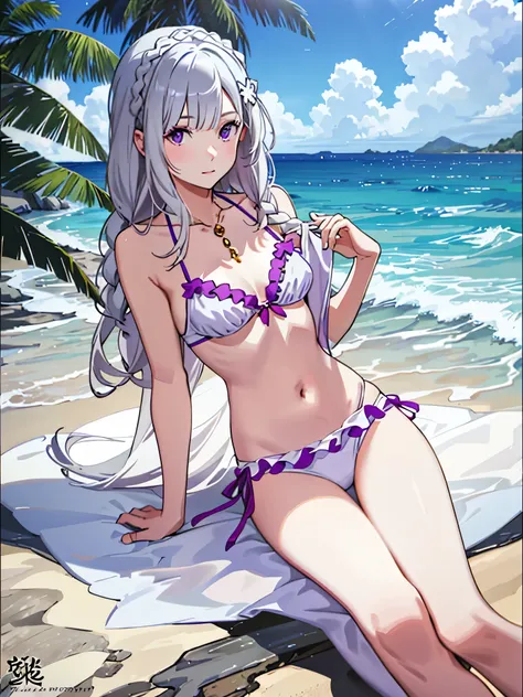 summer, sun, ocean, beach , young woman bikini, Emilia de zero, white hair, purple eyes, crown braid, hair ornament, --v6