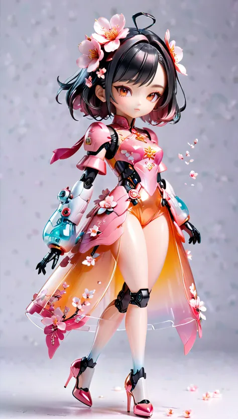 (Blind Box Spielzeug Stil:1.2),full body, solo,white background,(A female robot in a transparent Pink gradients Peach Blossom dress, wearing gloves and high heels),(Chinese color,Very colorful),3D