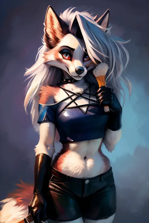 (ultra detailed), a stunning and intricately crafted full size portrait of Loona, the adorable JJOS fox girl clad in leather, showcasing an anime art style with mottled brush strokes and a rich, dark white color palette, set in a resolution of 32k UHD with...