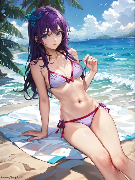 summer, sun, ocean, beach , young woman bikini, Abigail, purple hair, blue bow, --v6