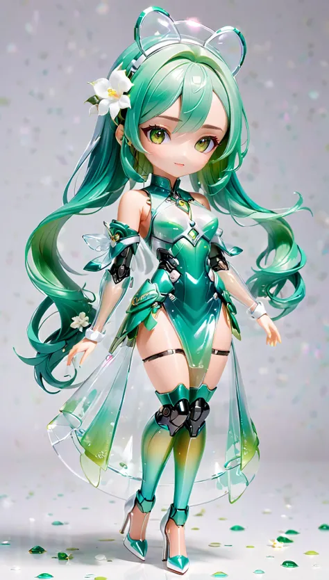 (Blind Box Spielzeug Stil:1.2),full body, solo,white background,(A female robot in a transparent green and white gradients jasmine dress, wearing gloves and high heels),(Chinese color,Very colorful), 3D