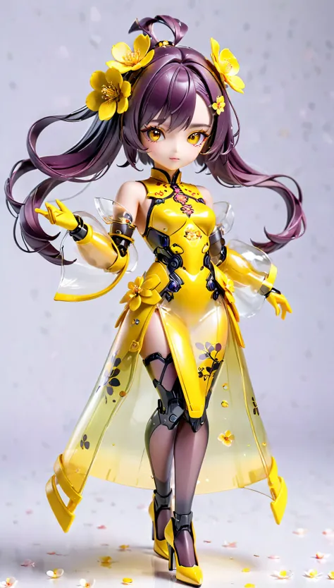 (Blind Box Spielzeug Stil:1.2),full body, solo,white background,(A female robot in a transparent yellow gradients Plum Blossom dress, wearing gloves and high heels),(Chinese color,Very colorful), 3D