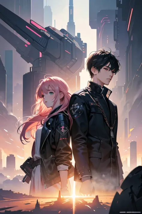 scifi,futuristic,anime couple in a city with a pink hair and a black jacket, best anime 4k konachan wallpaper, detailed key anime art, sakimichan and frank franzzeta, detailed digital anime art, anime in fantasy style, anime scifi illustration, highly deta...