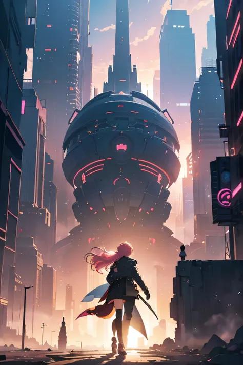 scifi,futuristic,anime couple in a city with a pink hair and a black jacket, best anime 4k konachan wallpaper, detailed key anime art, sakimichan and frank franzzeta, detailed digital anime art, anime in fantasy style, anime scifi illustration, highly deta...