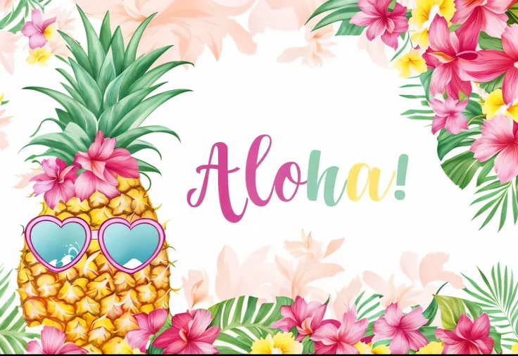 戴着太阳镜和鲜花的Pineapple的特写, flowering Pineapple and orchids, tropical mood, tropical background, flowering Pineapple, tropical flowers, sub tropical, season!! : 🌸 ☀ 🍂 ❄, tropical, tropical atmosphere, official artwork, tropical paradise, ❤🔥🍄🌪, official art, Pin...