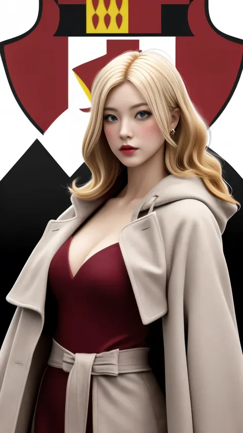 Realistic Red Sotheby Girl Photo，35 year old beautiful woman，long side waves，delicate blonde hair，cool look，background is gray，Coat of arms of the Principality of Zeon，