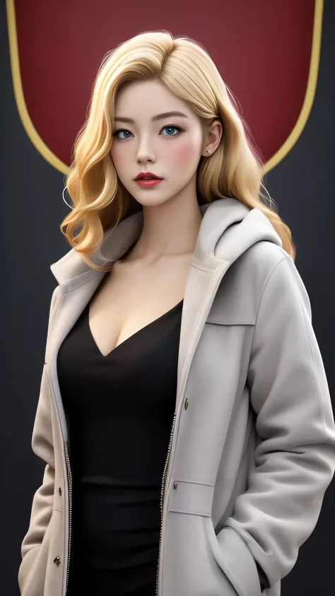 Realistic Red Sotheby Girl Photo，35 year old beautiful woman，long side waves，delicate blonde hair，cool look，background is gray，Coat of arms of the Principality of Zeon，