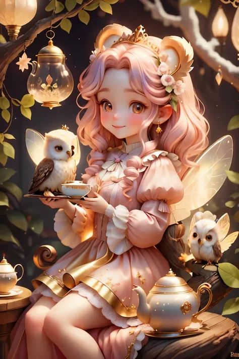 In a magical 3D Disney wonderland, a charming fairy with iridescent wings and a twinkling smile is seen having a delightful tea party with a majestic white bear and an wise old owl. The fairy is dressed in a dainty pink dress, her long, golden locks cascad...