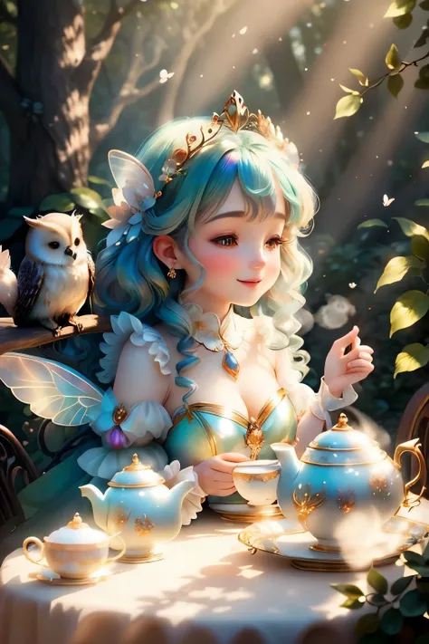 A Disney 3D Fairy, adorned in iridescent wings and a shimmering gown, hosts a whimsical tea party with a regal white bear and an wise-looking owl. The sun filters through the branches of the enchanted forest, casting dappled light upon the scene, while del...