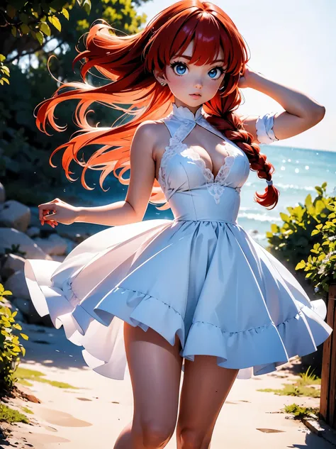 Garota anime ruiva com vestido longo branco com desenho de rosas casamento, saia, 16 anos, corpo bonito, seios grandes, with hands behind head, running your hands through your hair, Garota sexy, red hair with braid , beautiful lighting, sombras suaves, olh...