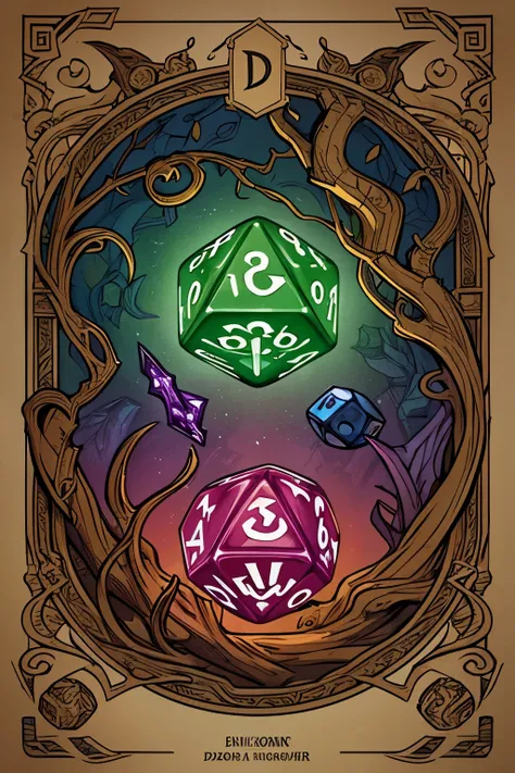 A cartoon illustration of a d20 dice with vines around it, High quality DND illustration, Estilo Dragones y Mazmorras, Fantasy D&D magic object, de mazmorras y dragones, DND color illustration, arte de dragones y mazmorras, Fantasy game spell symbol, perso...