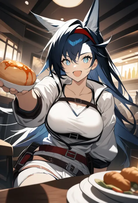 1girl, blaze(arknights), arknights, sitting, cat ears, black hair, long hair, blue eyes, breasts, underbust, :d, white jacket, white shirt, incoming food, in the restaurant, cinematic angle, masterpiece, best quality