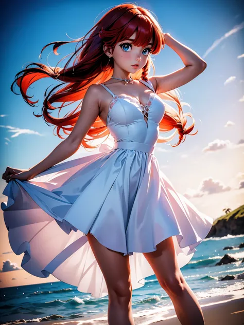 Garota anime ruiva com vestido longo branco com desenho de rosas casamento, saia, 16 anos, corpo bonito, seios grandes, with hands behind head, running your hands through your hair, Garota sexy, red hair with braid , beautiful lighting, sombras suaves, olh...