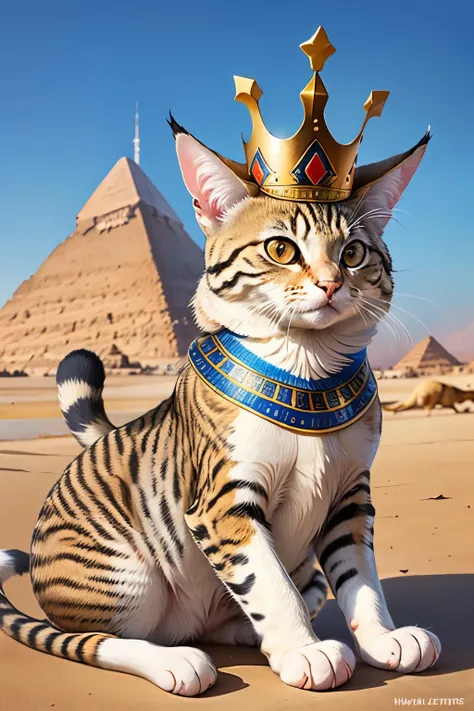 Egyptian cat with spots and has a crown on his head as king of cats