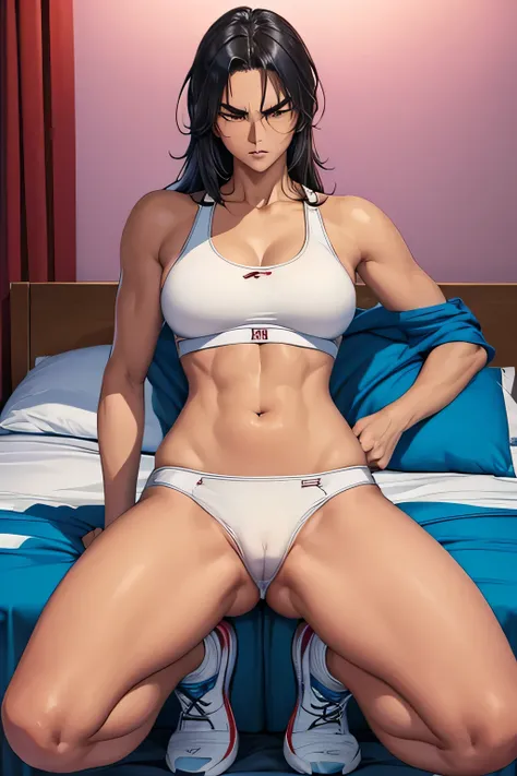 Disdainful eyes and angry expressions (a female athlete，Wear a white sports bra，Squatting on the bed，legs apart，Cat leaks）。