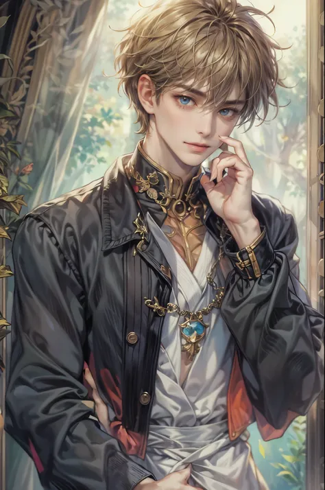 ((Best quality)), ((masterpiece)), (detailed), ((perfect face)), ((halfbody)) handsome face, male, teen boy,  perfect proportions , a male version character from fushigi yugi, short hair, male version, creepy smile, detailed eerie background, detailed eeri...