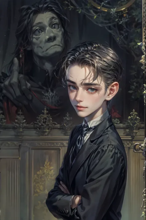 ((Best quality)), ((masterpiece)), (detailed), ((perfect face)), ((halfbody)) handsome face, male, teen boy,  perfect proportions , a male version character from the addams family, short hair, male version, creepy smile, detailed eerie background, detailed...