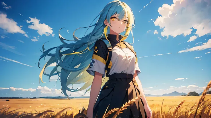 (girl,blue-yellow hair,bright yellow eyes,standing in a wheat field under a clear blue sky,HDR,8K,4k)