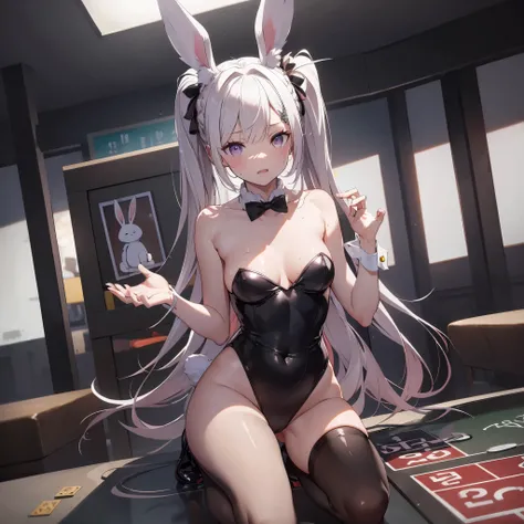 Bunny girl in the casino，emilia, Emilia re:zero, white hair, crown braid, purple eyes, hair ornament, Clamp your legs，There is a  on the body，Milk flows from the breast，Wear restraints，The skin is covered with dark fur，furred，rabbitears，Fluffy tail，long wh...