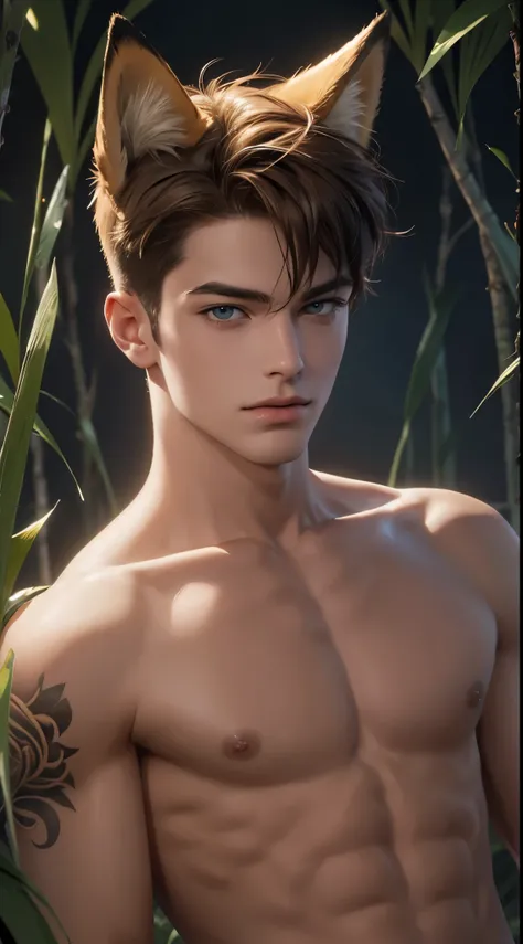 4k, high resolution, best quality, masterpiece, perfect color, perfect shade, perfect lighting, Posted by e621, ((portrait)), ((handsome man)), perfect male figure, Short hair details，Naked torso，Detailed face, perfect face, (stood up), Detailed background...