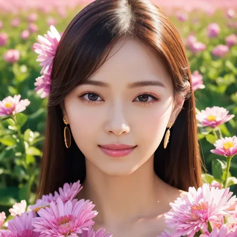 (table top、highest quality、8k、Award-winning work、ultra high resolution)、one mature woman、(solo:1.2)、(The most classy and beautiful spring clothes:1.1)、(Flower field background with countless flowers:1.1)、(The background is a colorful flower field:1.1)、(per...