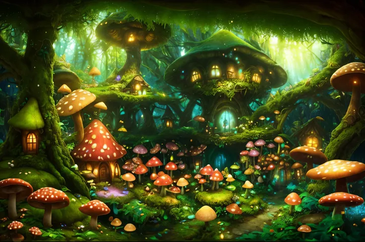 close-up of a mushroom house with mushrooms in the forest, fairy tale kingdom forest, enchanted forest背景, enchanted enchanted ju...