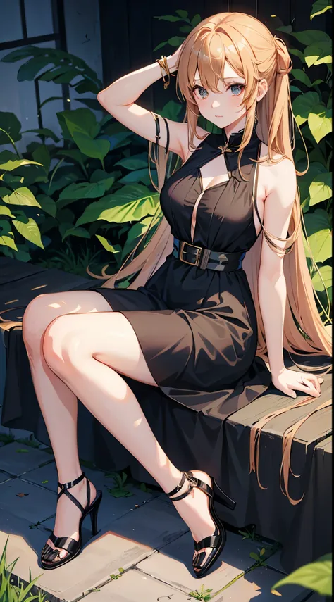 Asuna from Sword Art Online wearing a black summer dress and high heels