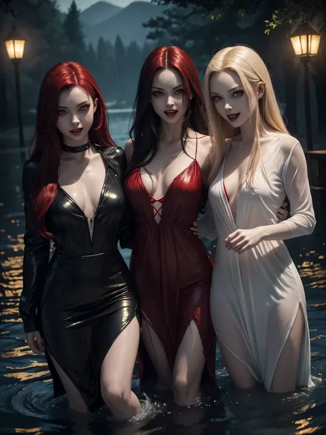 ((Night)) ((a deserted lake)) three Vampire women, ((three girls only)), (full body), (((red eyes and fangs))), one brunette, one blonde, one redhead, pale skin, (sexy see-thru nightgowns), (NSFW), (open mouths), (evil grins, fangs, long canine teeth), loo...