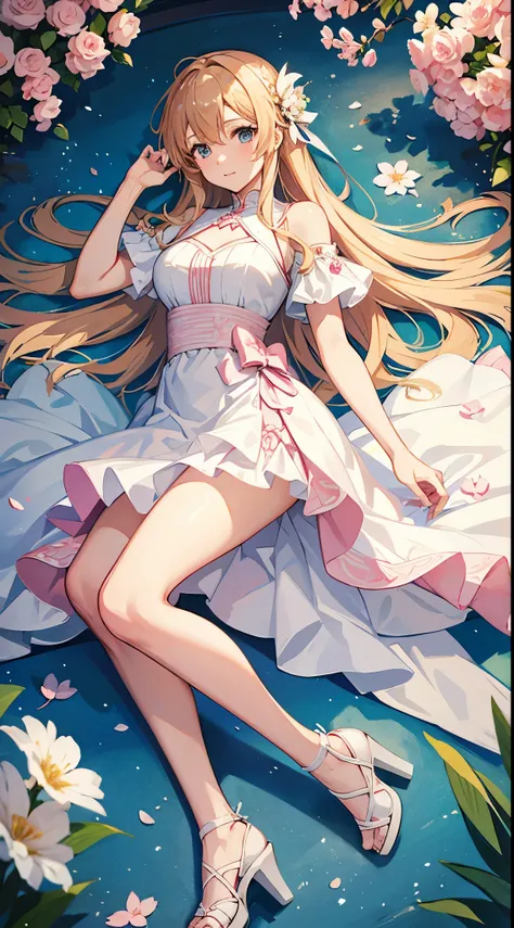 Asuna from Sword Art Online wearing a white pink flower patterned summer dress and high heels