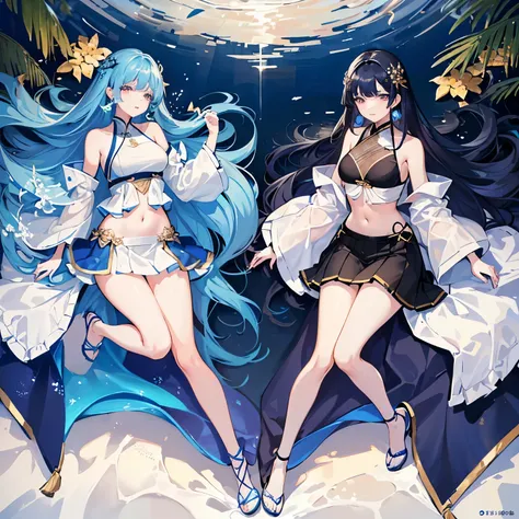 Hanfu(swimming suit），full body portrait，light wing earrings，long black hair，Blue hair ends are dyed，Center parted bangs，High heel，There are gorgeous wave patterns on the clothes，Gorgeous water splash skirt，Intricate costume details，Complex ornaments，Navel ...