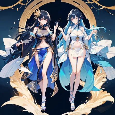 Hanfu(swimming suit），full body portrait，light wing earrings，long black hair，Blue hair ends are dyed，Center parted bangs，High heel，There are gorgeous wave patterns on the clothes，Gorgeous water splash skirt，Intricate costume details，Complex ornaments，Navel ...